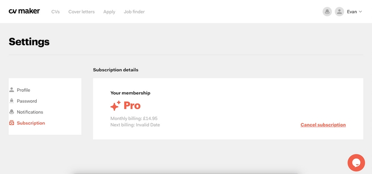 CVMaker - Otkažite svoju pretplatu iz postavki računa